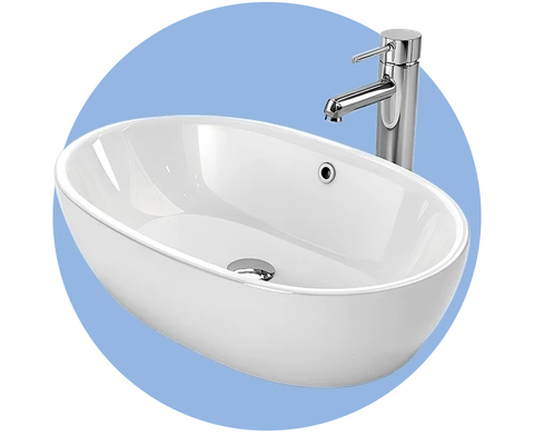Vasque à poser ovale en céramique blanche brillante, style contemporain, fond plat avec bonde chromée centrale et trop-plein arrière